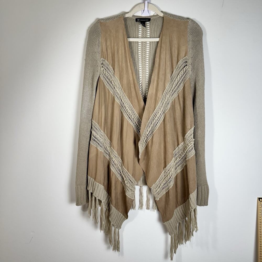 INC Fringe Cardigan Sweater Women’s LARGE Tan Beige Open Knit Boho Western